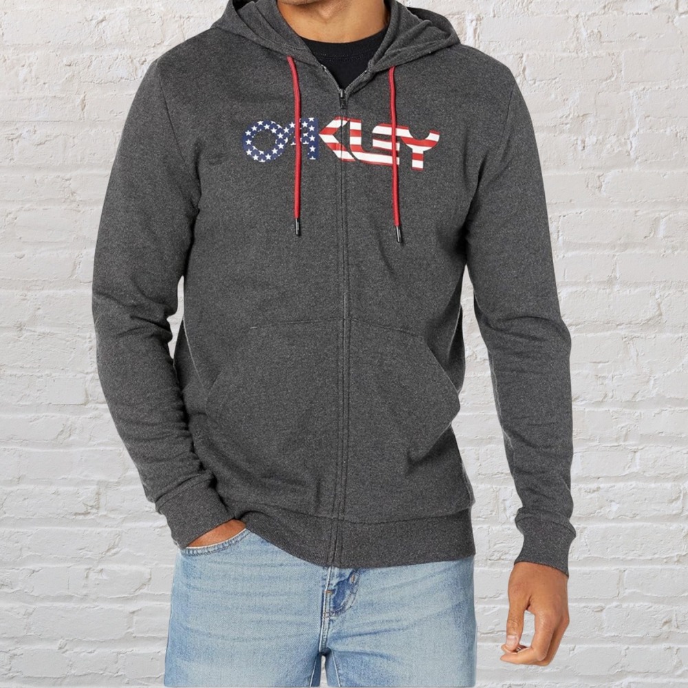 Oakley Mens USA Flag Logo Full Zip Hoodie Charcoal Grey Heather sz L patriotic